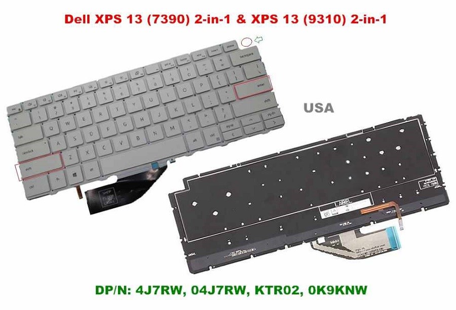 Bàn phím laptop Dell XPS 13 7390 (2 - in - 1), Dell XPS 13 9310 (2 - in - 1) CÁP NGẮN TRẮNG (LED, BH 6TH) *MÀN LẬT 360*