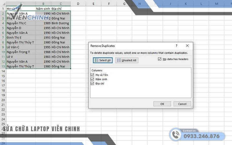 Hàm Excel Lọc Dữ Liệu Trùng bằng tính năng Remove Duplicates