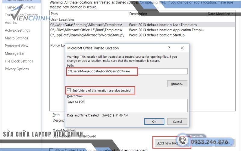 Thêm file vào Trusted Locations