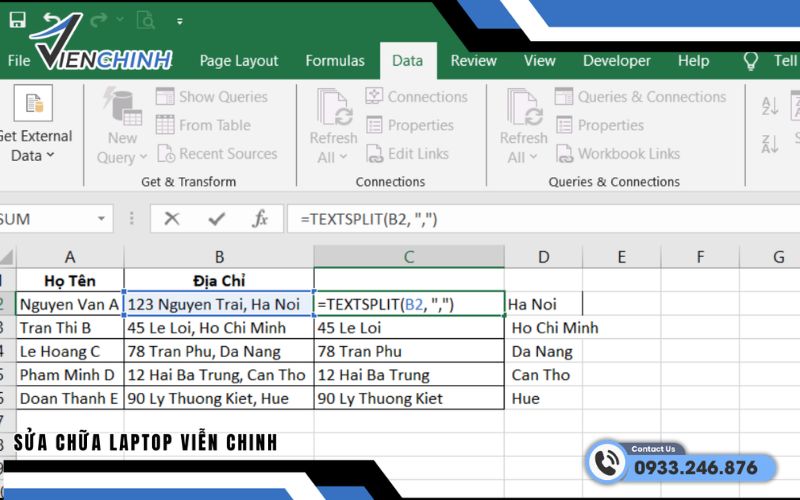 Sử dụng hàm SPLIT (Excel 365)