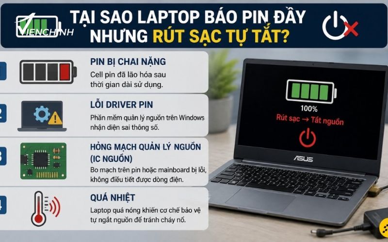 Cách Sửa Laptop Báo Pin Đầy Nhưng Rút Sạc Thì Tự Tắt